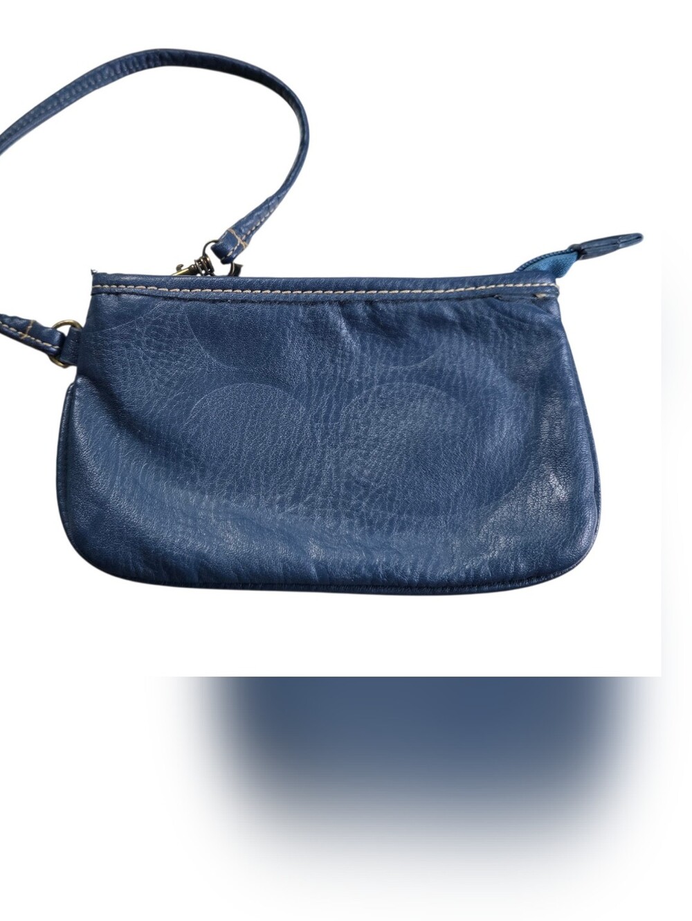 Coach Vintage Blue Leather Wristlet, Un-Detachable Strap, Brass Hardware
